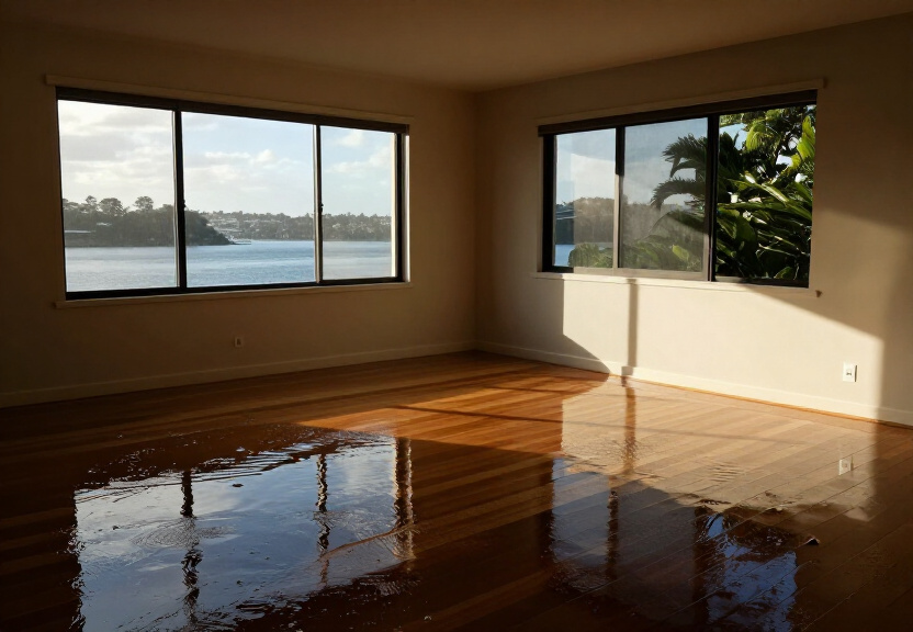 Flooded living room in Richmond Lowlands home before restoration