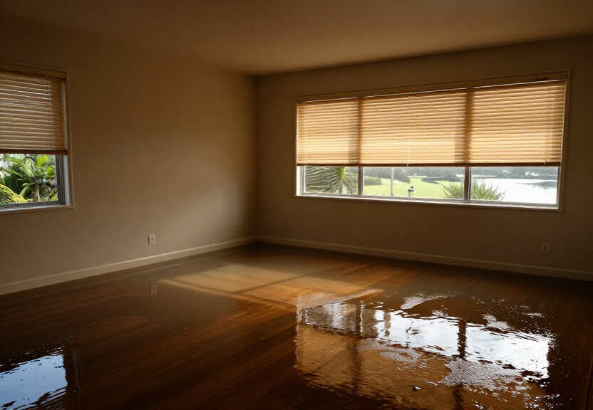 Water-damaged subfloor in Richmond Lowlands farmhouse before drying